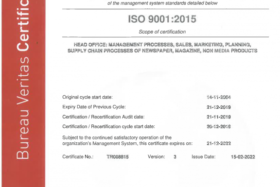 ISO 9001:2015 Kalite Yönetim Sistemi Denetiminden Başarı İle Geçti